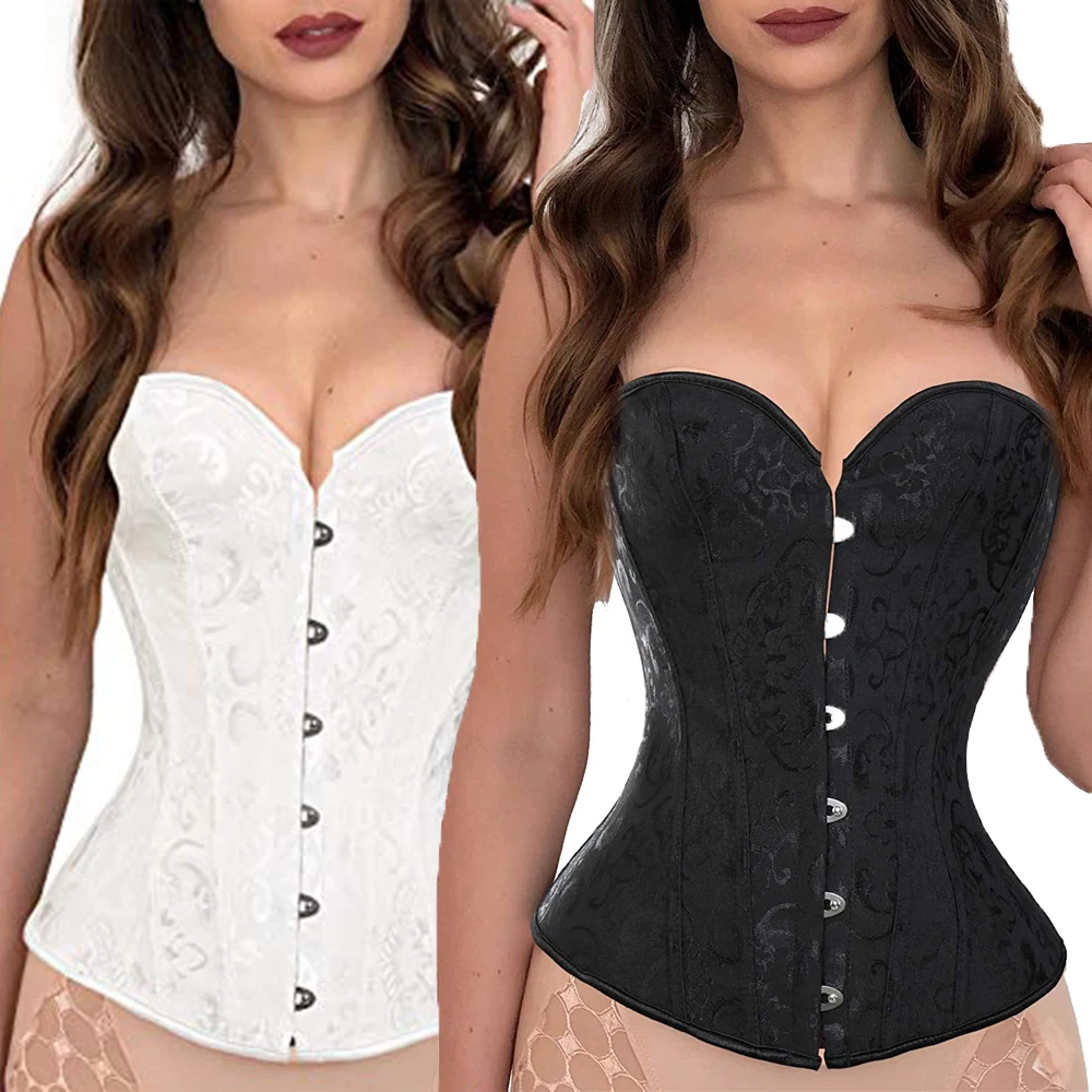 

Women Waist Trainer Sexy Steel Boned Corset Overbust Body Shaper Bustier Waist Cincher Shapewear Top Satin Lace up Corset