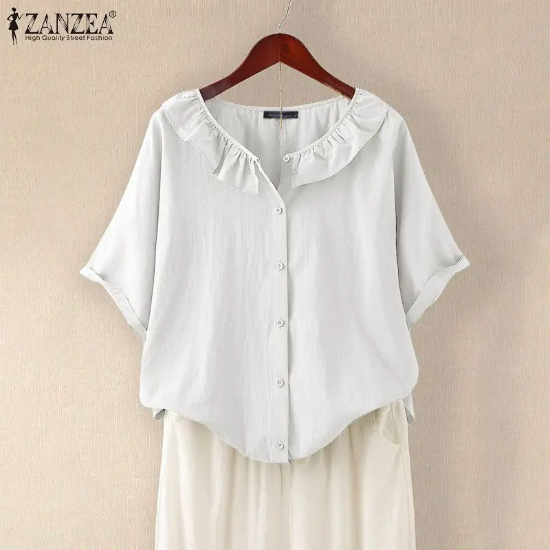 Women Solid Ruffle Top 2021 Summer Elegant Cotton Blusa ZANZEA Vintage Button Pullover Casual Short Sleeve Loose Blouse Oversize 
Women Solid Ruffle Top 2021 Summer Elegant Cotton Blusa ZANZEA Vintage Button Pullover Casual Short Sleeve Loose Blouse Oversize