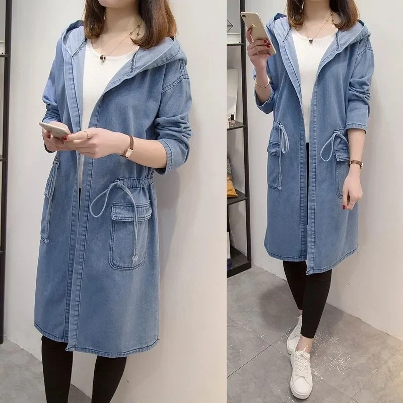 Spring Autumn Oversize Women Denim Jackets Hooded Open Stitch Long Jean Coat Solid Lace up Slim Waist Female Casual Trench Coats 
Spring Autumn Oversize Women Denim Jackets Hooded Open Stitch Long Jean Coat Solid Lace up Slim Waist Female Casual Trench Coats
