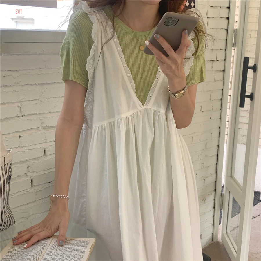 Женский костюм в стиле Харадзюку, летний комплект из 2 предметов, топ с коротким рукавом и длинное белое платье без рукавов с кружевной отдел... 
Женский костюм в стиле Харадзюку, летний комплект из 2 предметов, топ с коротким рукавом и длинное белое платье без рукавов с кружевной отдел...