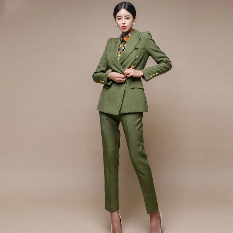 Women Casual Office Fashion Green Suits Two Piece Sets Double Breasted Jacket High Waist Pencil Pants Female
Women Casual Office Fashion Green Suits Two Piece Sets Double Breasted Jacket High Waist Pencil Pants Female