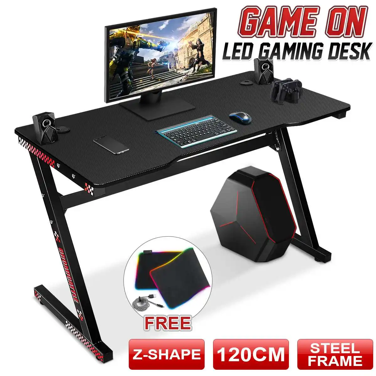 

47-дюймовый Эргономичный игровой стол Z-образной формы с аудиодатчиком, RGB-светодиодной подсветкой, эргономичный компьютерный стол для занят...