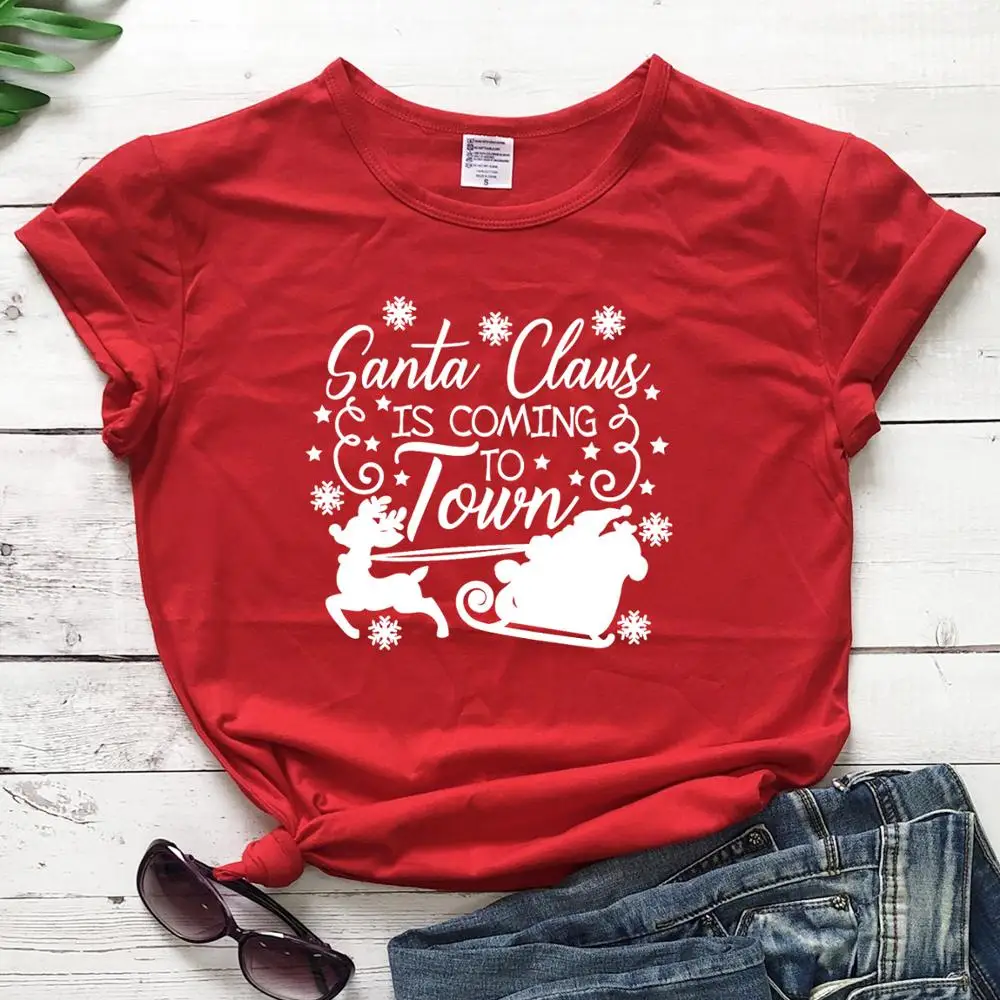 

Santa claus is coming to town t shirt women fashion pure cotton casual funny graphic Christmas gift t shirt young style cute top