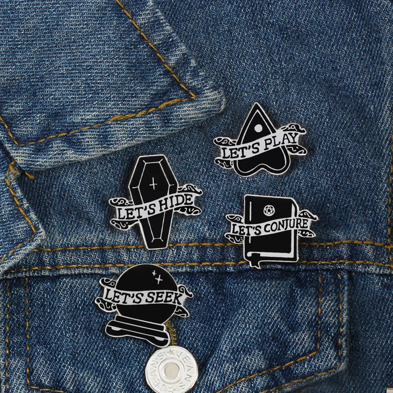 Halloween Pins Punk Dark Black Heart Coffin Book Brooch LET'S Series Gothic Enamel Pin Denim Shirt Lapel Badge Men Jewelry Gift |