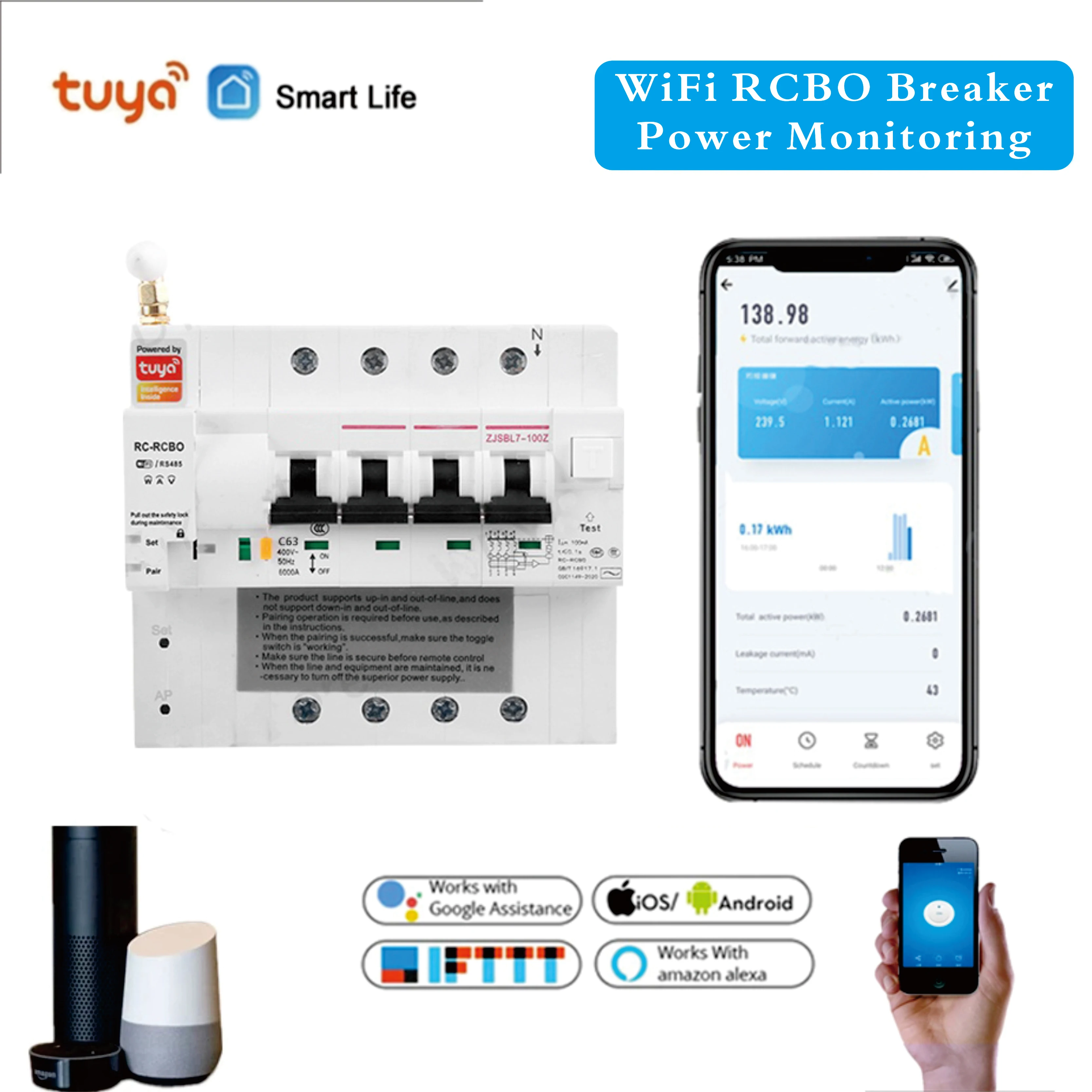 Автоматический выключатель на Din-рейку Tuya Smart RCBO с мониторингом энергии 4P WiFi RCBO MCB защита от утечки тока совместим с Alexa
Автоматический выключатель на Din-рейку Tuya Smart RCBO с мониторингом энергии 4P WiFi RCBO MCB защита от утечки тока совместим с Alexa
