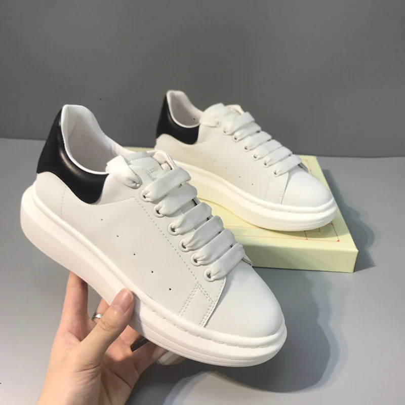 2021 Summer New High-Quality All-Leather Sneakers White Shoes Women's Fashion Korean Thick-Soled Casual Shoes