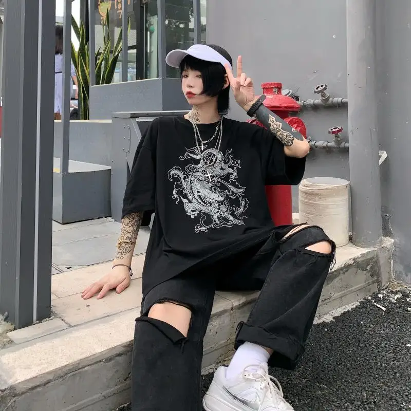 Уличные топы женская футболка ulzzang Harajuku Винтажная с китайским драконом лето
