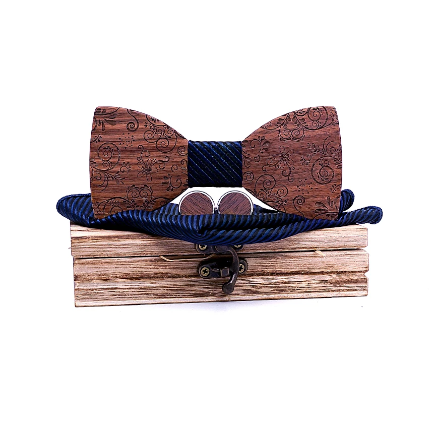 Подарочный темно-синий деревянный платок с гравировкой носовой запонки под