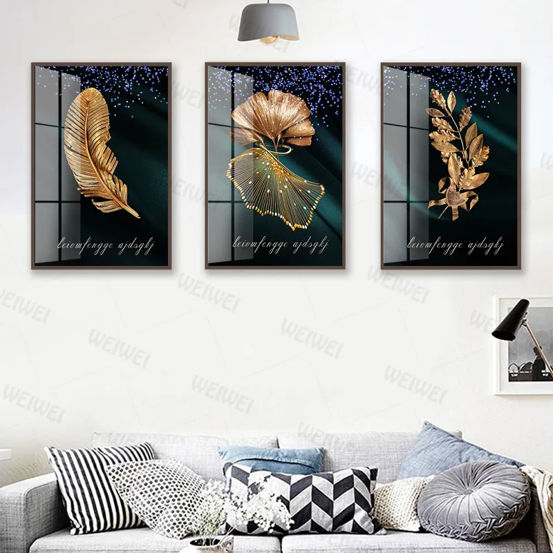 

Canvsa Poster Print Abstract Golden Plant Leaves Feather Leaf Picture Modern Style Art Aisle Living Room Unique Decor