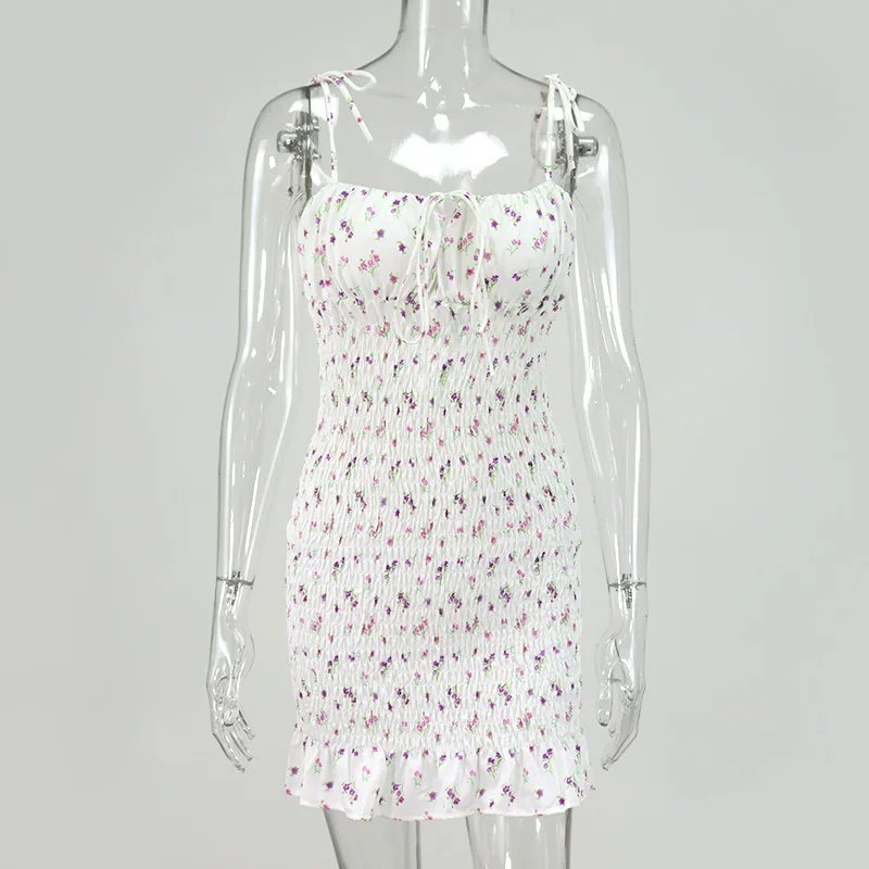 

NewAsia White Floral Shirred Mini Dress Summer 2020 Women Ruffles Dress Sexy Spaghetti Straps Pleated Ruched Bodycon Dresses