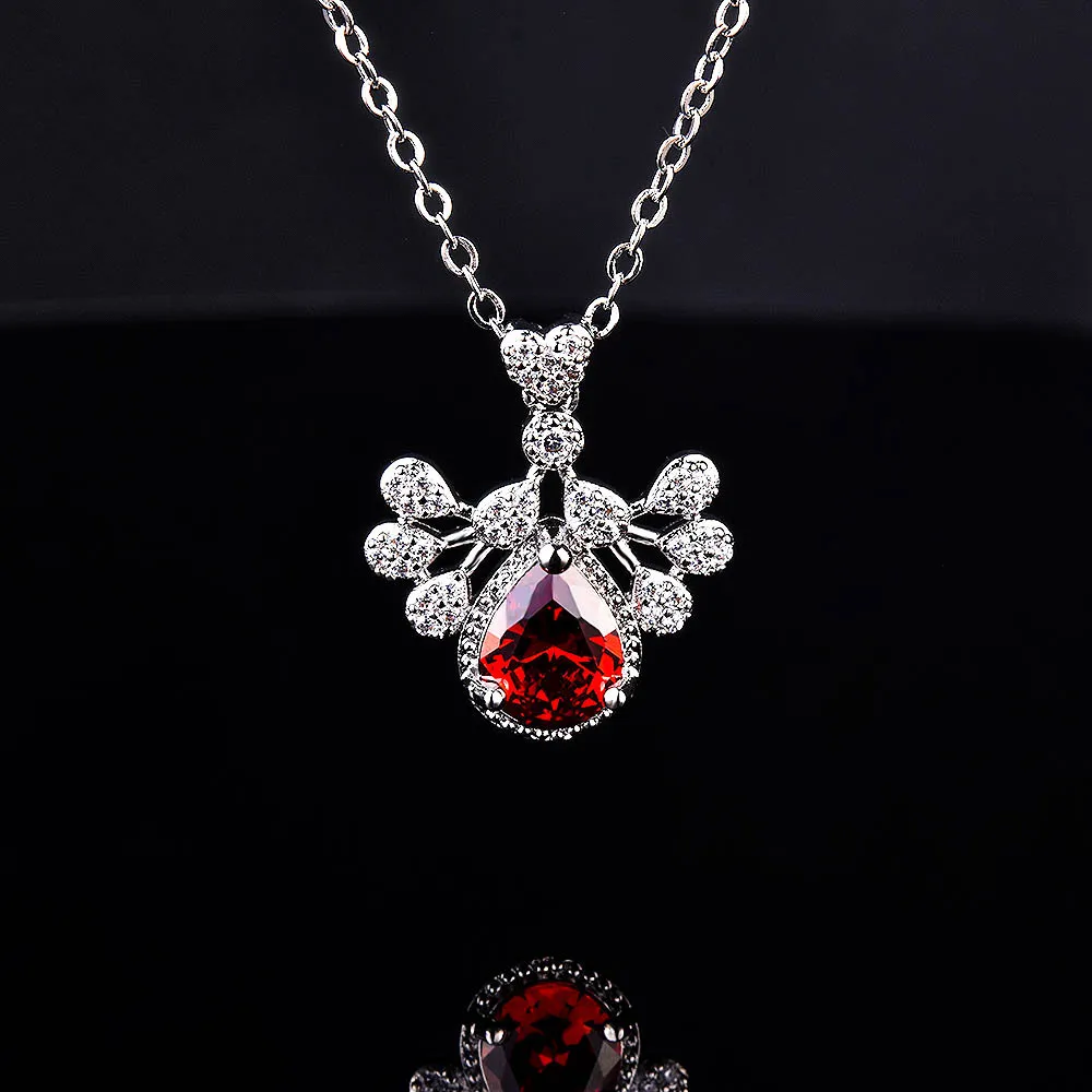 

925 sterling silver crystal inlaid with diamonds peacock open screen water drop pear-shaped ruby necklace clavicle chain jewelry