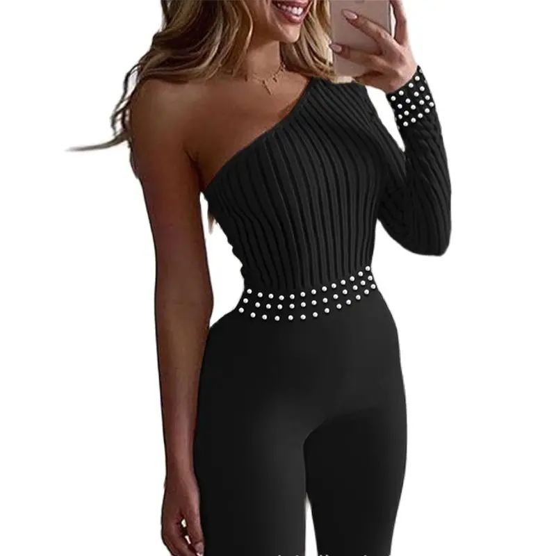 Solid Polyester Long Sleeve Beads Design Solid Color Jumpsuit All-Match Retro Single Shoulder Elegant Office Lady Fashion
Solid Polyester Long Sleeve Beads Design Solid Color Jumpsuit All-Match Retro Single Shoulder Elegant Office Lady Fashion