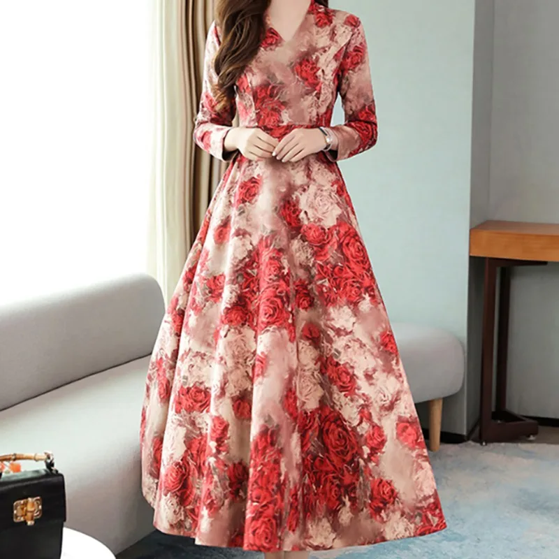 Women V-neck Long Sleeve Big Swing Vintage Dress Elegant Princess Print Slim Waist Boho Floral Vestidos
Women V-neck Long Sleeve Big Swing Vintage Dress Elegant Princess Print Slim Waist Boho Floral Vestidos