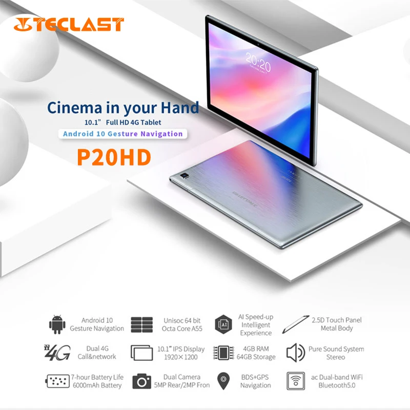 Планшет Teclast P20HD экран 10 1 дюйма Android 4 Гб ОЗУ 64 ПЗУ 2 ГГц/5 ГГц Wi Fi 4G Bluetooth совместим с