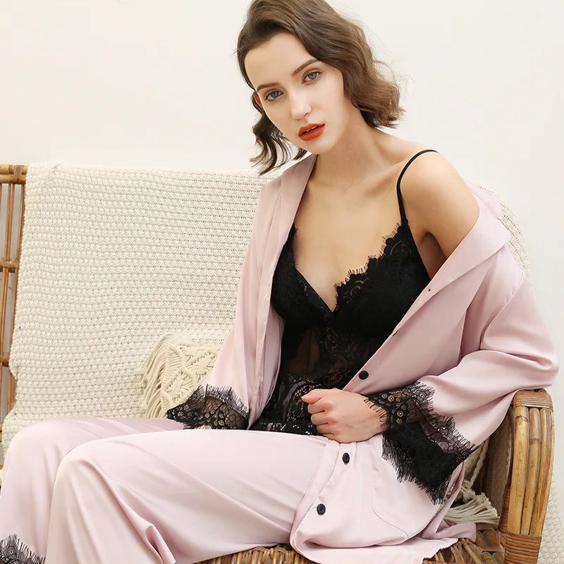2020 European Women Pajamas Sets Long Sleeve Silk Satin Lace Casual 3 Pieces Sets Nightwear Pyjama Loose Thin Homewear Pijama
2020 European Women Pajamas Sets Long Sleeve Silk Satin Lace Casual 3 Pieces Sets Nightwear Pyjama Loose Thin Homewear Pijama
