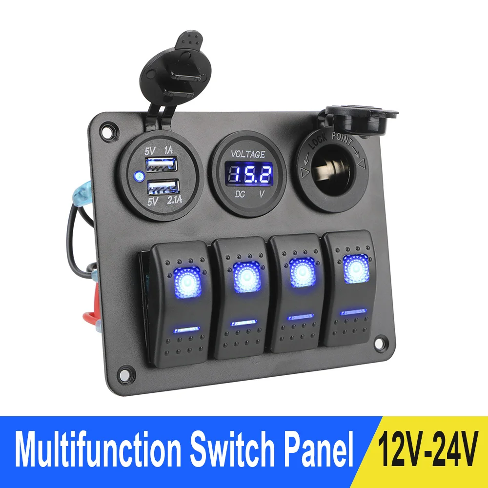 

4 Gang 12V/24V Rocker Switch Panel For Car RV Camper Caravans Yacht Trucks LED Digital Voltmeter Dual USB Port Circuit Breaker