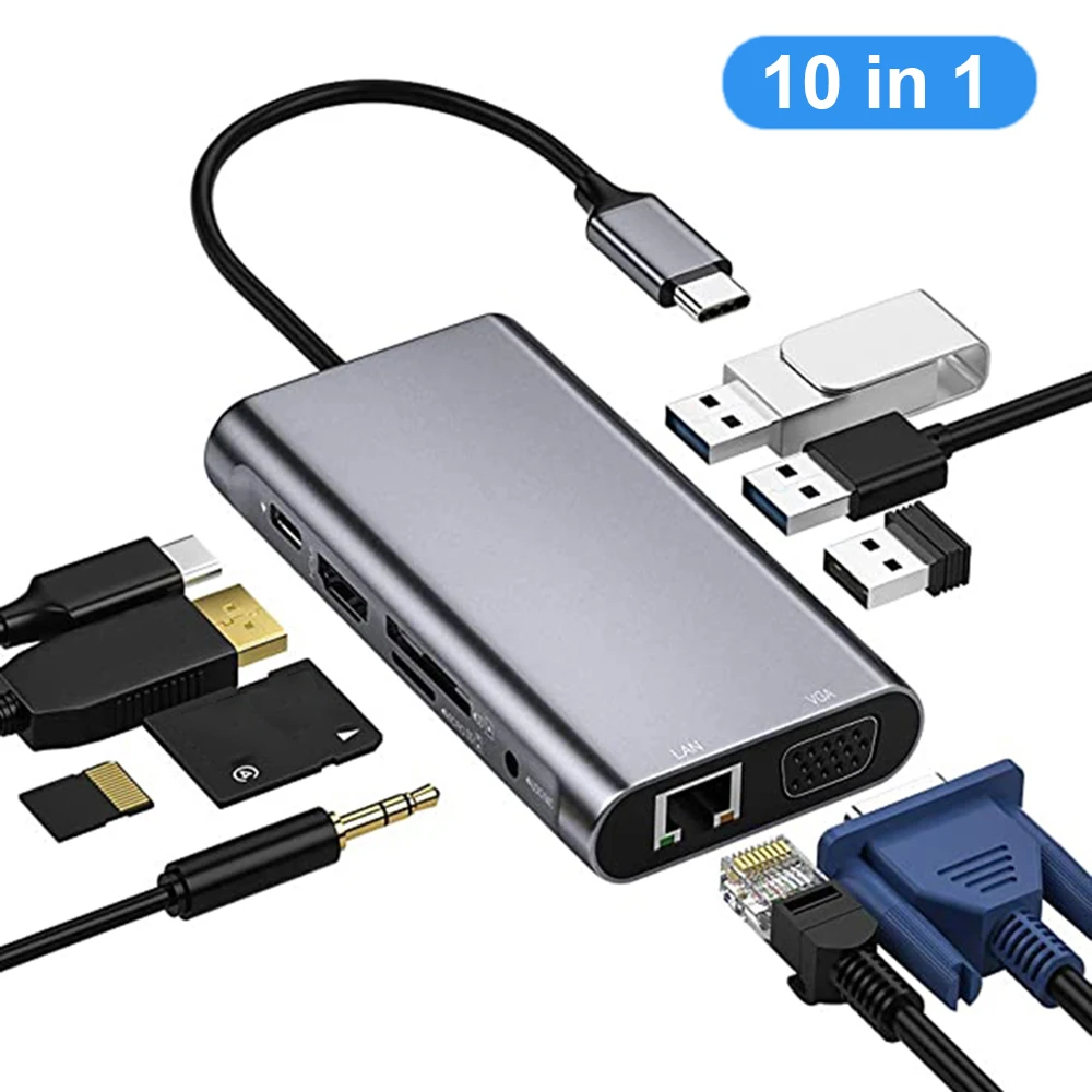 USB C Hub 10 in 1 Type C Multiport Adapter USB C Dongle with 4K@30Hz HDMI-Compatlble/Ethernet/VGA/3 USB 3.0/SD/TF/PD//Audio 
USB C Hub 10 in 1 Type C Multiport Adapter USB C Dongle with 4K@30Hz HDMI-Compatlble/Ethernet/VGA/3 USB 3.0/SD/TF/PD//Audio