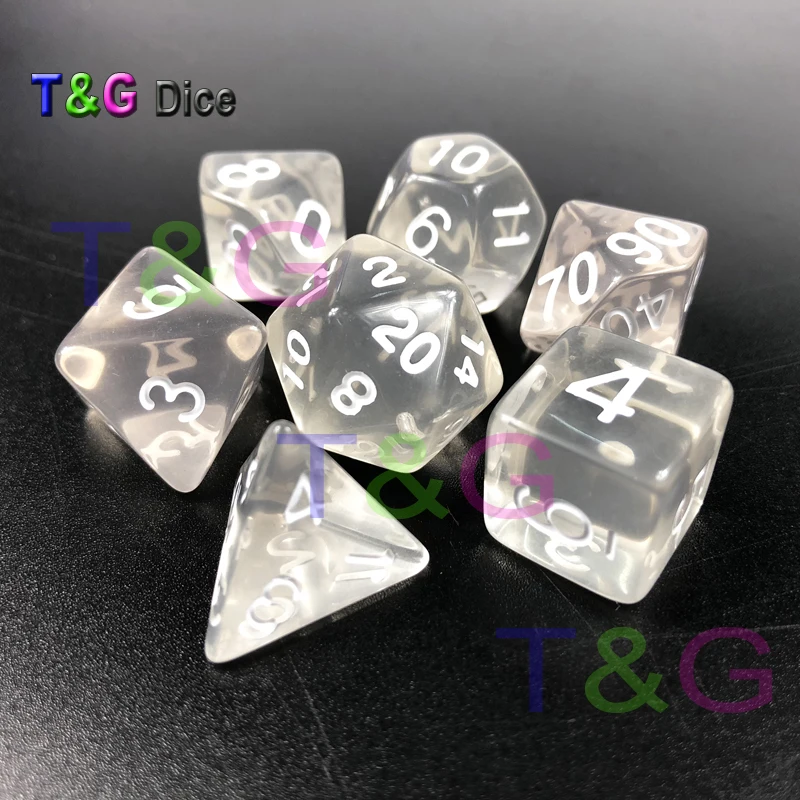 New Arrival 7pcs/set Translucent RPG Dice Set D4,d6,d8,d10,d10%,d12,d20 for Board Game White Black High Quality
New Arrival 7pcs/set Translucent RPG Dice Set D4,d6,d8,d10,d10%,d12,d20 for Board Game White Black High Quality