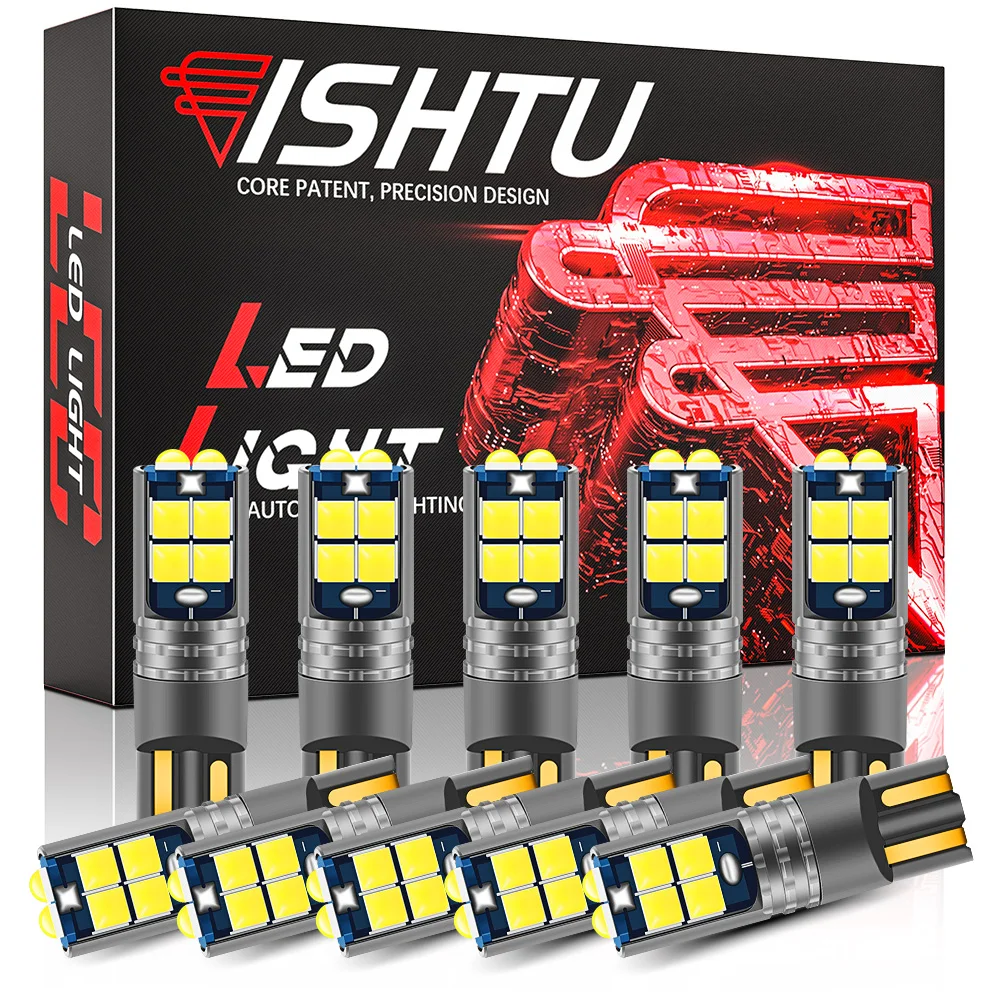 

ISHTU 10PCS T10 LED Bulbs W5W 3030 10SMD 12V 6000K Canbus 194 168 Highlight Car Interior License Plate Clearance Light Auto Lamp