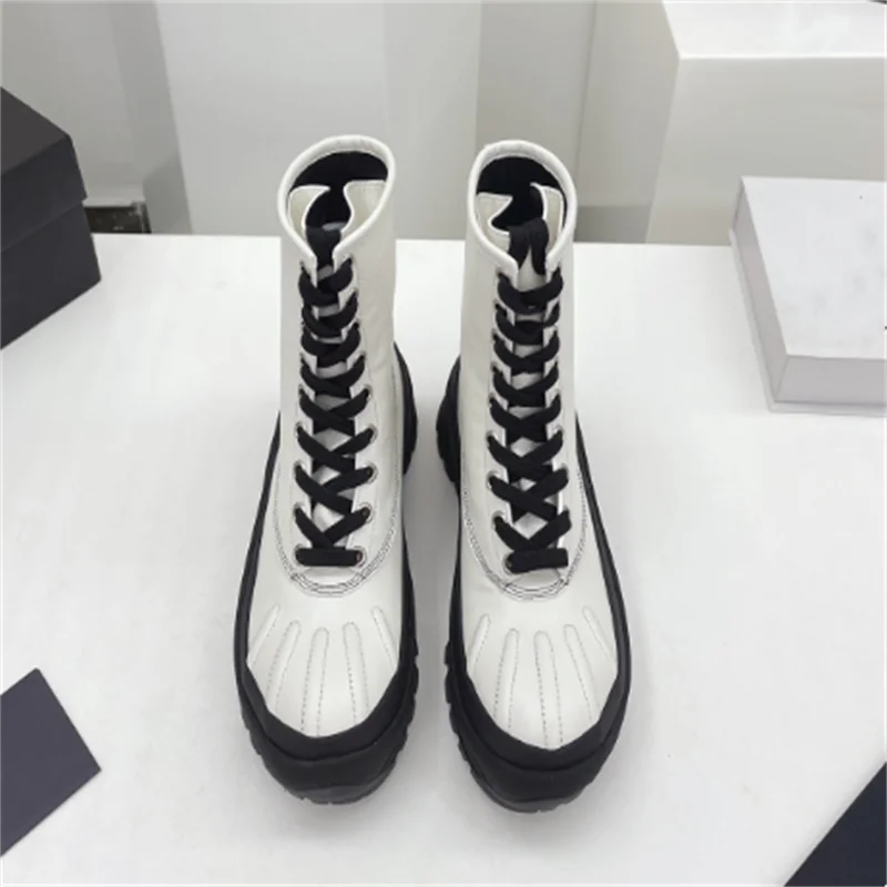 

Leather Boots Women Round Toe Lace Up Bottine Femme Thick Sole Platform Female Shoes Luxury Brand Designer Botas De Mujer