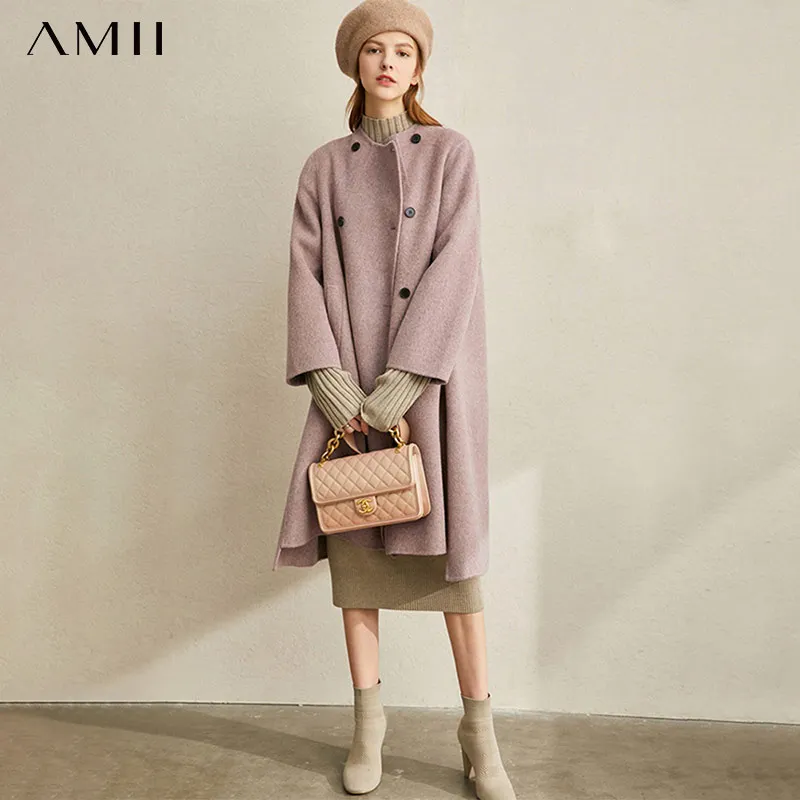 

Amii Winter Women Fashion Wool Jackets Elegant Solid Turn Down Collar Coat Female Warm Blends 11920301