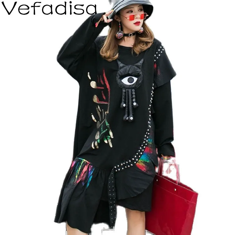 

Black 3D Appliques Asymmetrical Women Dress 2023 Spring Autumn Rivet Decoration Patchwork Long Sleeve Dress Plus Size QYF6108