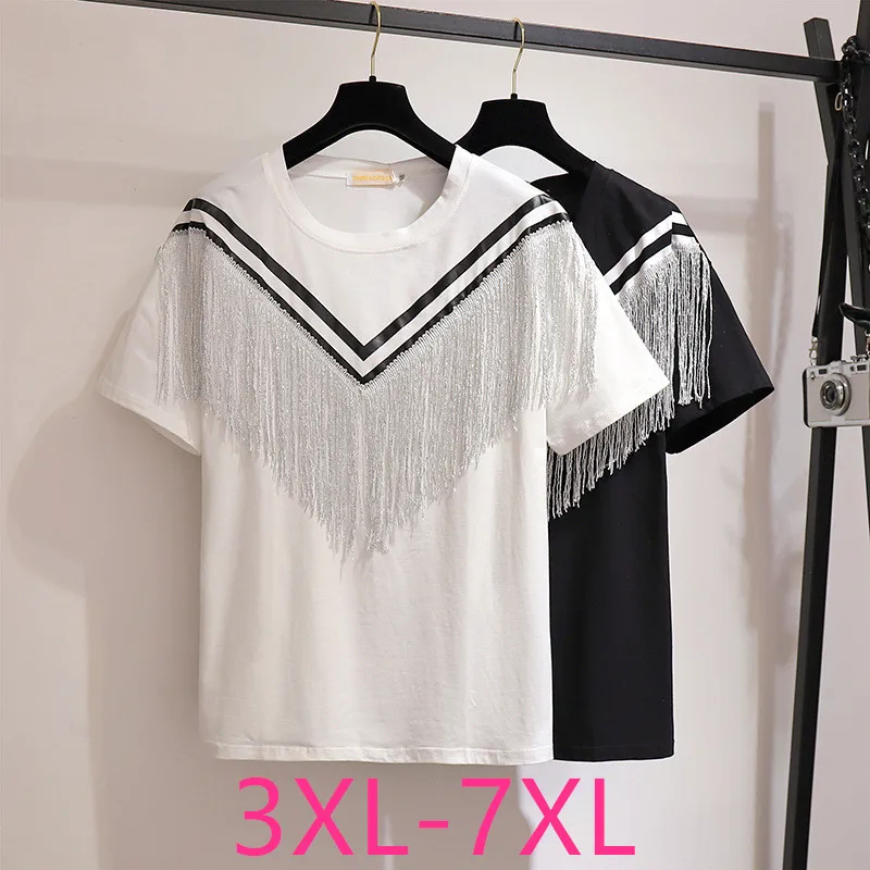 New 2021 Summer Plus Size Tops For Women Large Loose Casual Short Sleeve Cotton White Stripe Tassels T-shirt 3XL 4XL 5XL 6XL 7XL
New 2021 Summer Plus Size Tops For Women Large Loose Casual Short Sleeve Cotton White Stripe Tassels T-shirt 3XL 4XL 5XL 6XL 7XL
