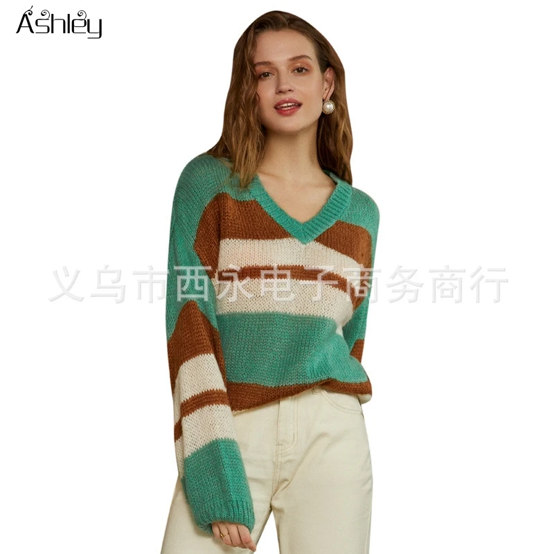 Ashley Casual v-neck women sweater Autumn winter Lantern sleeve loose knitted sweater Hit color stripe ladies pullover jumper
Ashley Casual v-neck women sweater Autumn winter Lantern sleeve loose knitted sweater Hit color stripe ladies pullover jumper