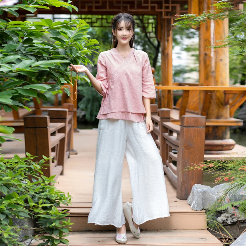 

Summer Chinese Style Traditional Clothes Tang Suit Top Women Girls Yoga Linen Zen Kung Fu Shirt V-neck Chiffon Loose Leg Trouser