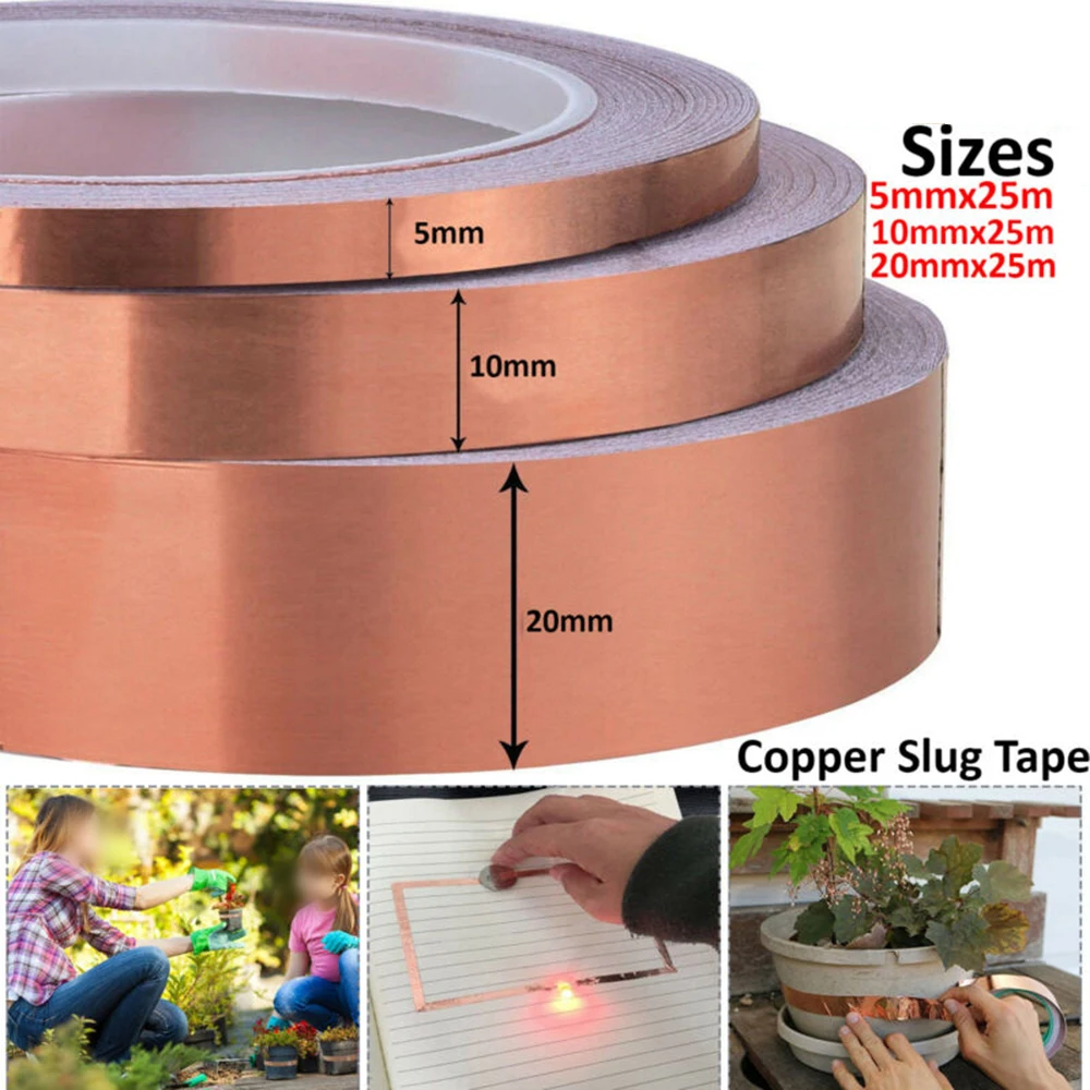 5mm/10mm/20mm Copper foil tape 25m Slug Tape Barrier Tape High Quality 
5mm/10mm/20mm Copper foil tape 25m Slug Tape Barrier Tape High Quality