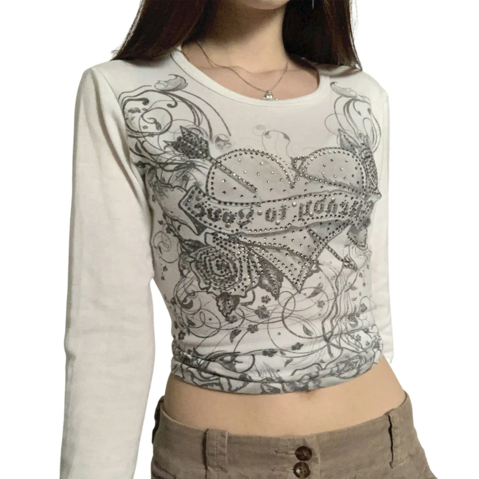 Women Vintage Y2K Style Crop Tops Street Punk Style Rhinestone Love Pattern Long Sleeve Round Neck T-shirt
Women Vintage Y2K Style Crop Tops Street Punk Style Rhinestone Love Pattern Long Sleeve Round Neck T-shirt