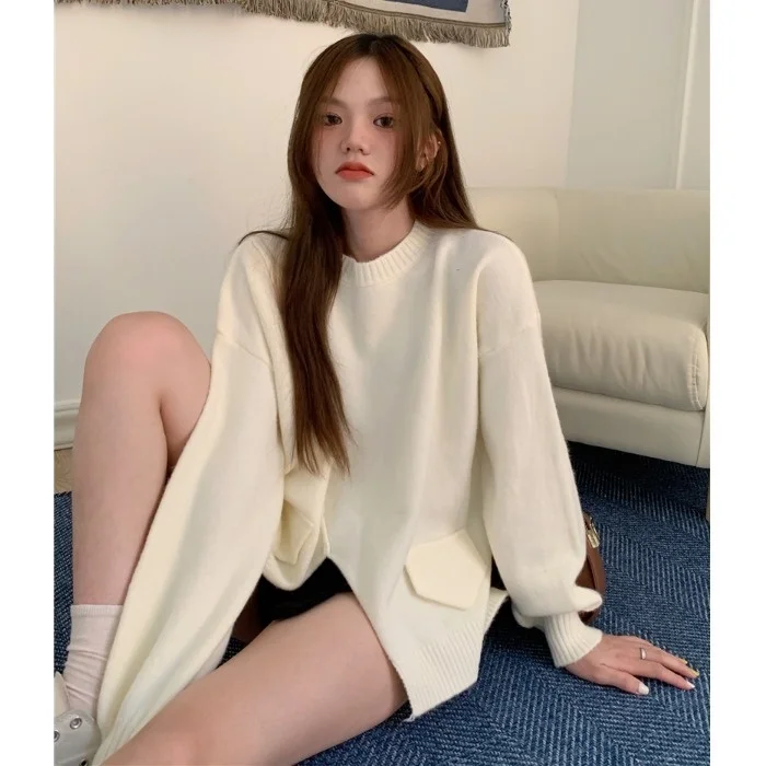 Новинка осени 2021 однотонный пуловер с круглым вырезом женский свитер в Корейском