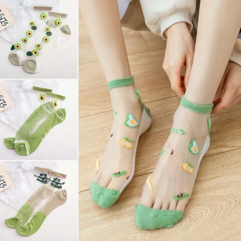 

Women's Avocado Embroidery Mesh Socks Thin Transparent Lace Ankle Socks Summer Breathable Sheer Socks