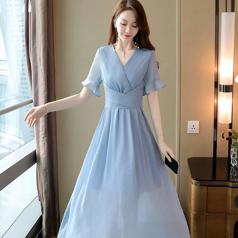 Mid Length Dress 2021 Summer Pure Color Korean Chiffon New Temperament V Neck Adult Short Sleeved Women Lady Comfortable 
Mid Length Dress 2021 Summer Pure Color Korean Chiffon New Temperament V Neck Adult Short Sleeved Women Lady Comfortable