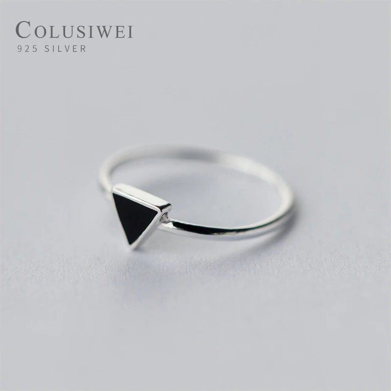 

COLUSIWEI Authentic 925 Sterling Silver Geometric Triangle Ring for Women Simple Black Enamle Open Rings Female Fashion Jewelry