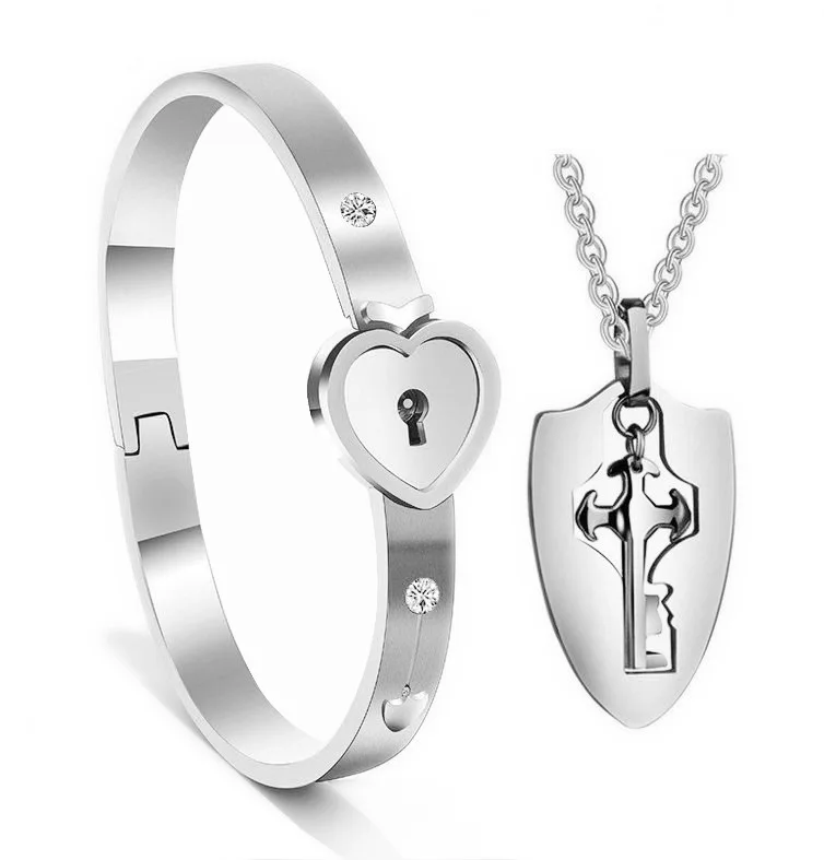 

A Couple Jewelry Sets Concentric Love Heart Lock Key Titanium Steel Stainless Steel Couple Interlocking Necklace&Bracelet Set