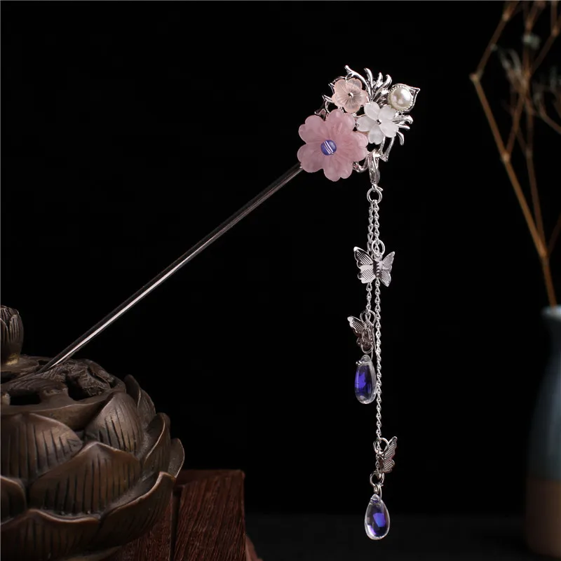 

Falling Glaze Fringed Hairstick Hair Ornaments Hanfu Headdress Palace Style Hairpin Ancient Wind Stepping Flower Pearl Hairpin