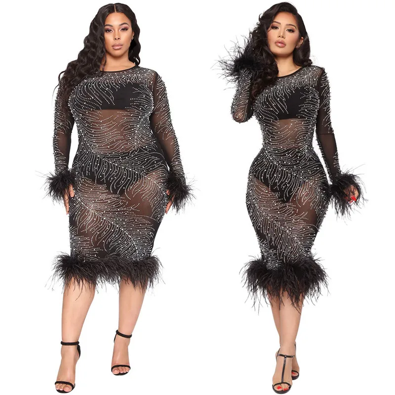 KEXU Leaf Mesh See Though Feather Hem Bodycon Dress Sexy Women Diamonds Hot Drill Party Club Night Pencil Dresses
KEXU Leaf Mesh See Though Feather Hem Bodycon Dress Sexy Women Diamonds Hot Drill Party Club Night Pencil Dresses
