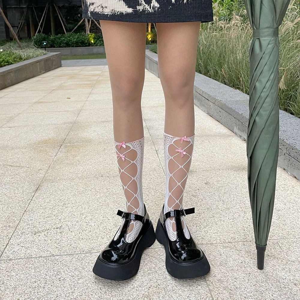 

Fashion Hollow Fishnet Stockings Women Kowknot Thin Long Socks Leg Sweet Lolita High Knee Stockings Femme Dress Calcetine Medias