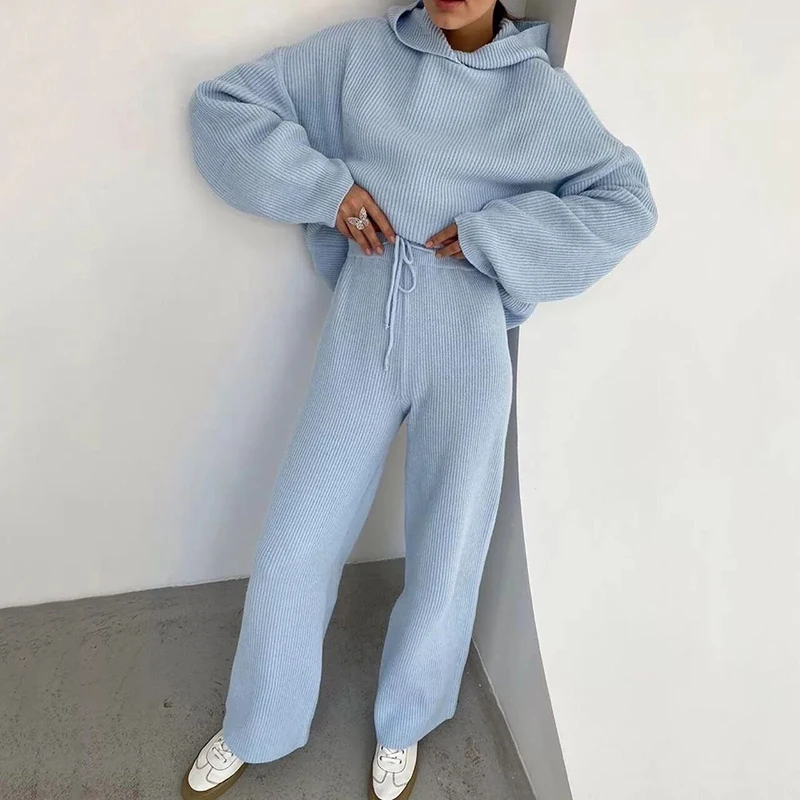 Two Piece Sets Women 2021 Autumn Winter Knitted Soft Pajamas Casual Solid Loose Hooded Tops And Wide Leg Pants Suit Sportswear
Two Piece Sets Women 2021 Autumn Winter Knitted Soft Pajamas Casual Solid Loose Hooded Tops And Wide Leg Pants Suit Sportswear