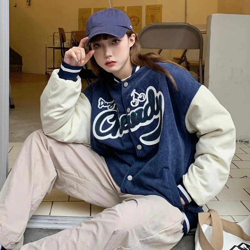 Vintage Letter Embroidery Baseball Uniform Long Sleeve Paocket Buttons Jackets Girls Preppy Style Casual Loose Baseball Jackets
Vintage Letter Embroidery Baseball Uniform Long Sleeve Paocket Buttons Jackets Girls Preppy Style Casual Loose Baseball Jackets