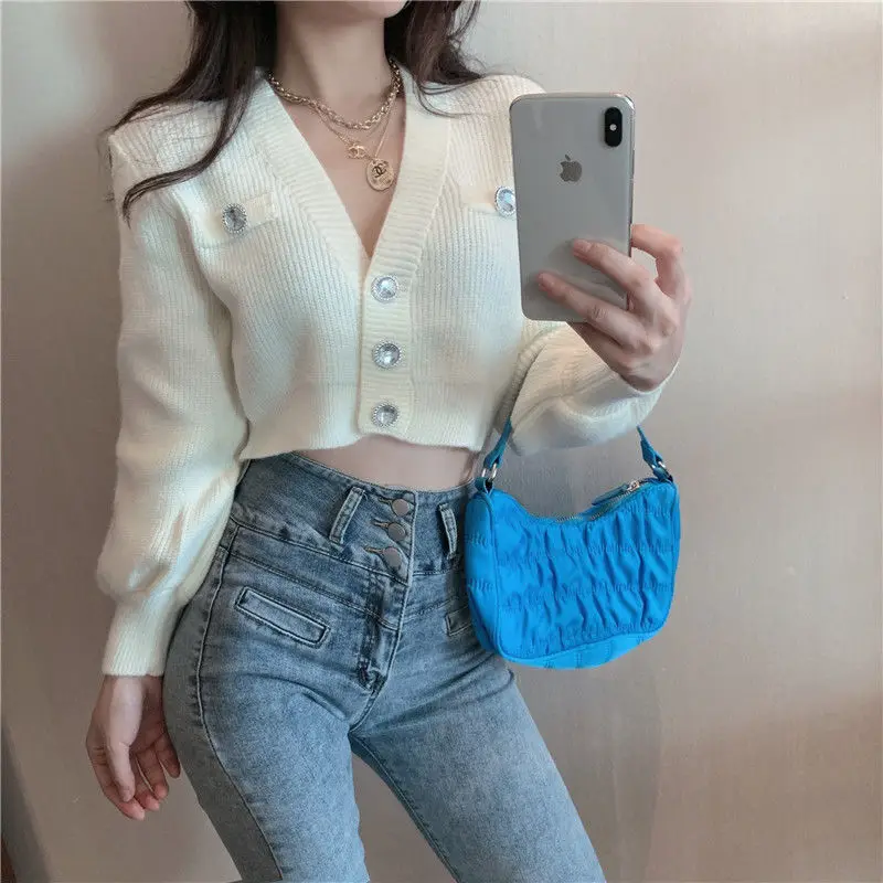 

Woman Sweaters Cardigan Women's V-neck Long-Sleeved Sweater Autumn Loose Short Knitted Cardigan Top Small Coat Sueters De Mujer