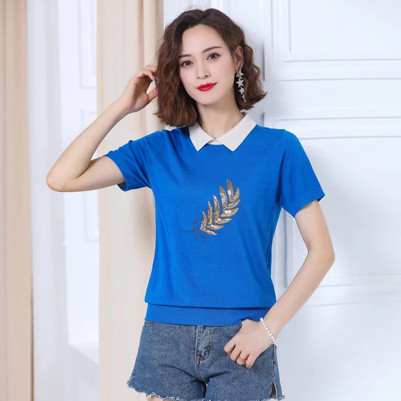 Summer T-Shirts Female 2020 New Korean Loose Embroidered T-shirt Women's Turn Down Collar Short-sleeved Stitching Tee Tops S-3XL
Summer T-Shirts Female 2020 New Korean Loose Embroidered T-shirt Women's Turn Down Collar Short-sleeved Stitching Tee Tops S-3XL
