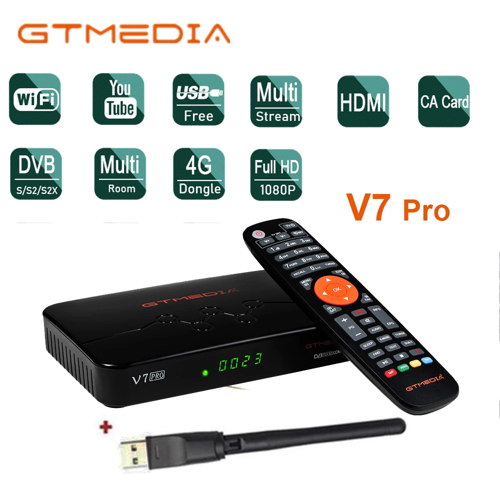 

GTMEDIA V7 pro Satellite Receiver DVB-S/S2/S2X+T/T2,VCM/ACM/multi-stream HEVC 10bit USB WiFi CA Card Slot TV BOX