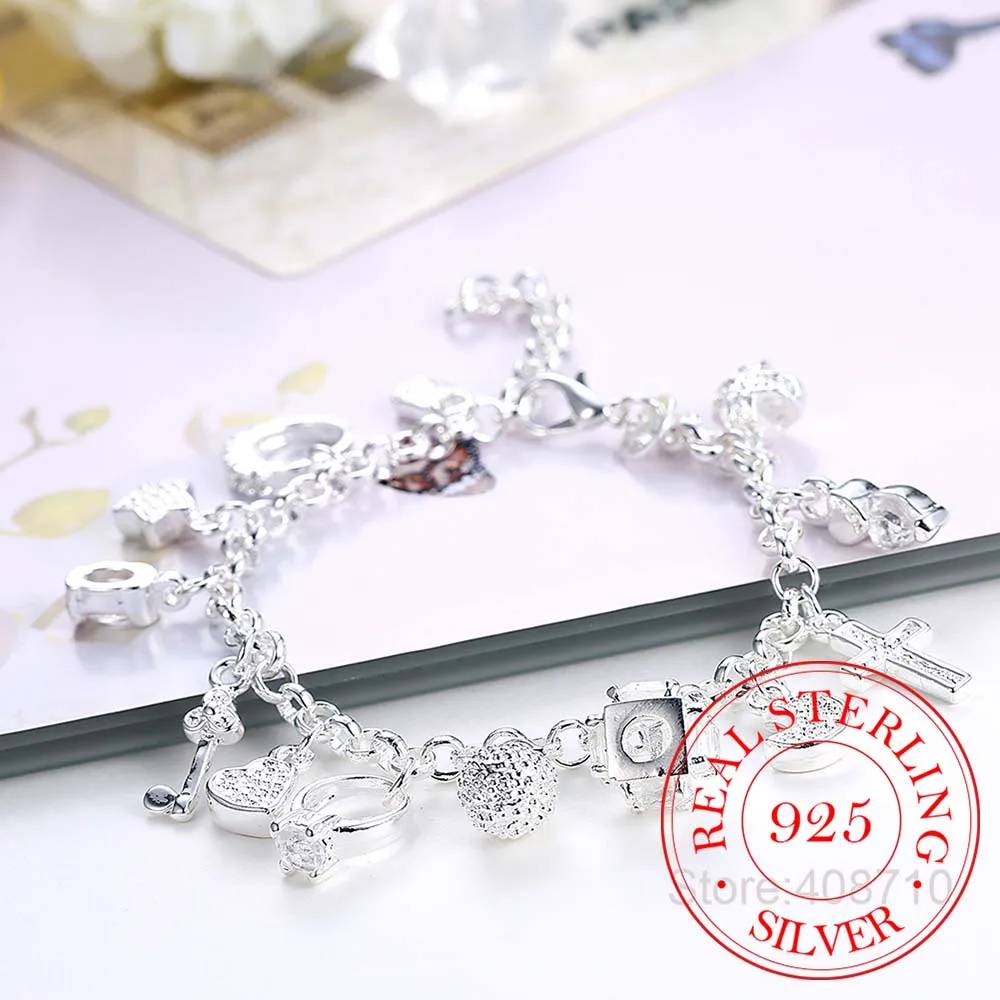 13 Charms 925 Sterling Silver Cross Lock Key Heart Star Moon Flower Zircon Bracelet Bangle Women's Fine Jewelry Accessories 
13 Charms 925 Sterling Silver Cross Lock Key Heart Star Moon Flower Zircon Bracelet Bangle Women's Fine Jewelry Accessories