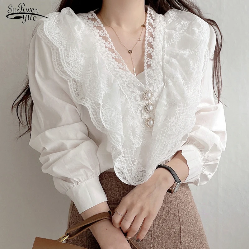 Spring Long Sleeve Lace Blouses Korean V-neck White Sweet Ruffles Splicing Women Top Women Loose Ladies Elegant Shirts 18570
Spring Long Sleeve Lace Blouses Korean V-neck White Sweet Ruffles Splicing Women Top Women Loose Ladies Elegant Shirts 18570