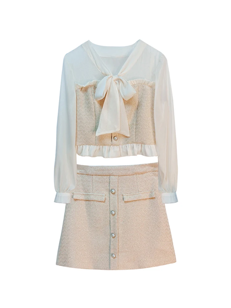 Ladies temperament small fragrance fashion suit new 2021 spring lady lace bow tie blouse short skirt two-piece suit
Ladies temperament small fragrance fashion suit new 2021 spring lady lace bow tie blouse short skirt two-piece suit