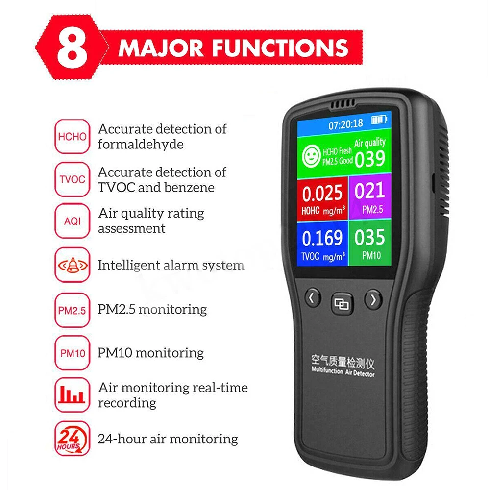 8 in 1 Detector Air Quality Monitor PM2.5 PM10 Formaldehyde HCHO TVOC LCD Digital Detector
8 in 1 Detector Air Quality Monitor PM2.5 PM10 Formaldehyde HCHO TVOC LCD Digital Detector