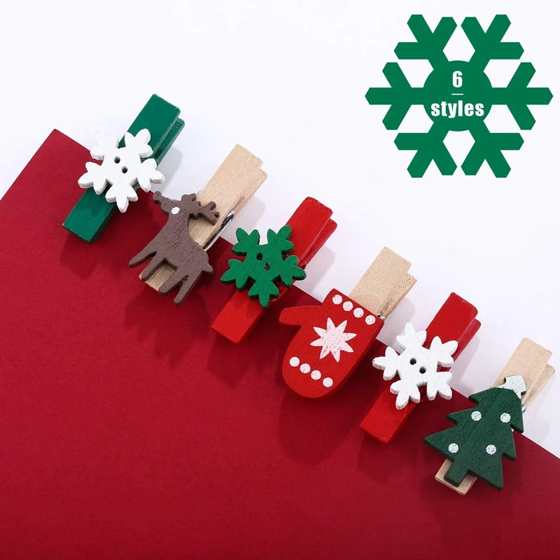 

120PCS Christmas Wood Clips Christmas Tree Photo Clips Elk Snowflake Clothespins DIY Photo Pegs for Art Craft Decor