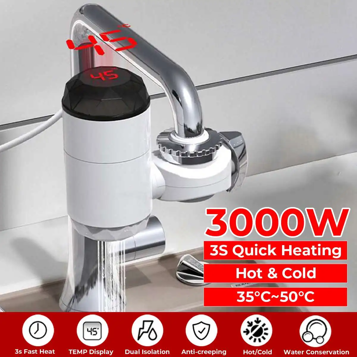 3000W Instant Electric Water Heater Tap LED Temperature Display Water Heating Kitchen Water Heater with LED US/EU Plug
3000W Instant Electric Water Heater Tap LED Temperature Display Water Heating Kitchen Water Heater with LED US/EU Plug